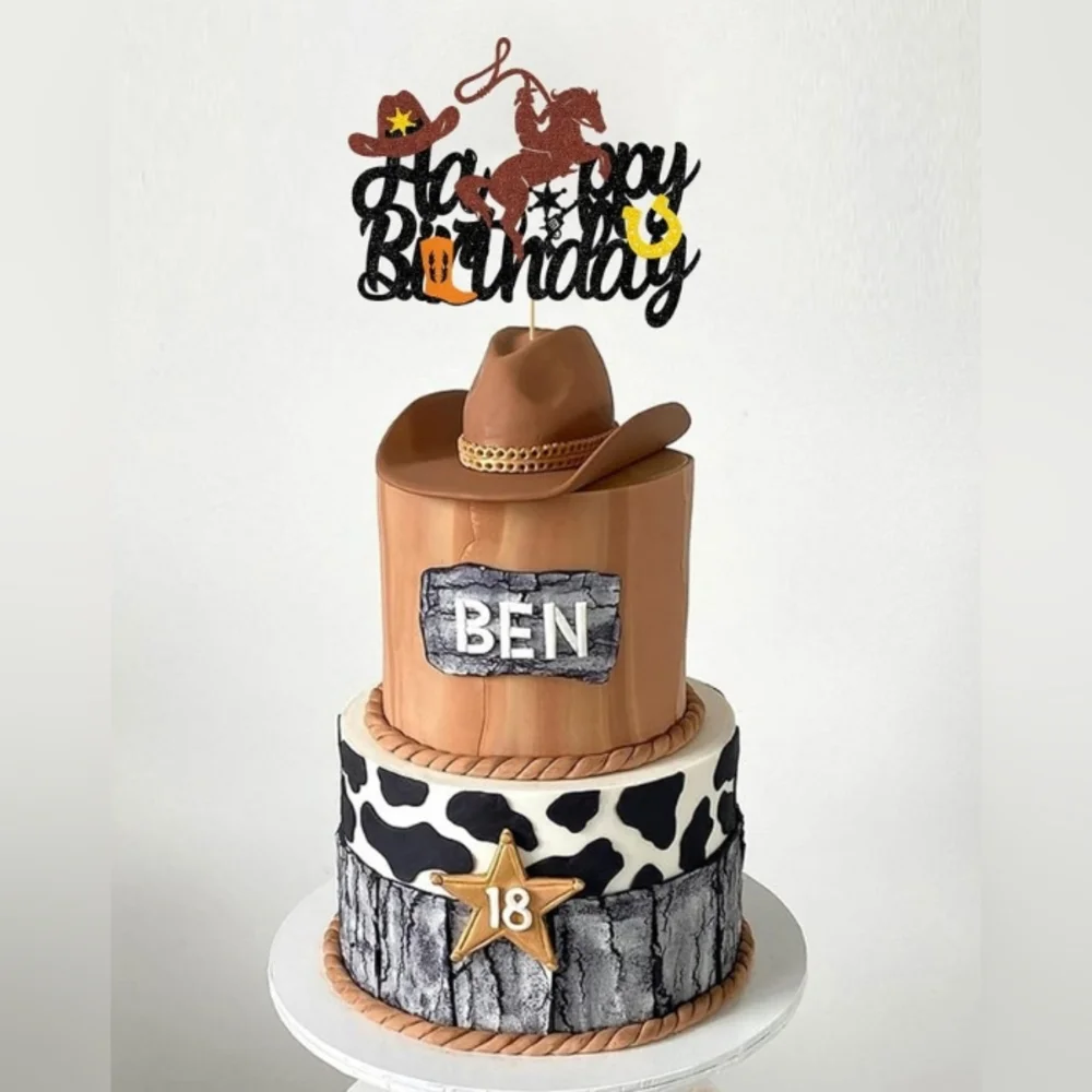 Cowboy Themed Birthday Cake Topper - Black, Brown, Yellow